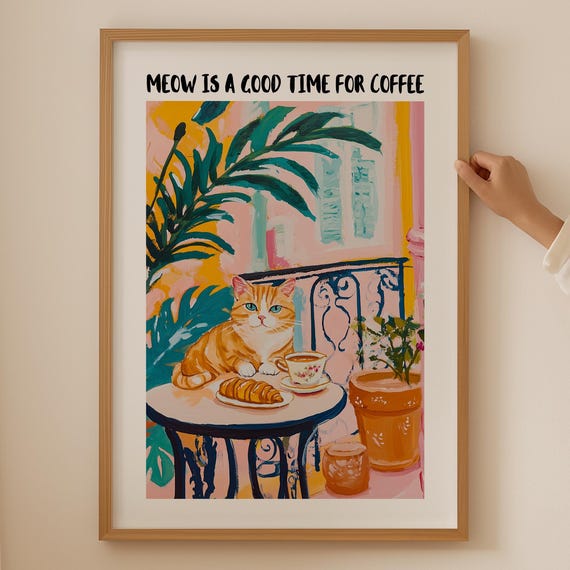 Coffee Cat Lover Print, Trendy Kitchen Wall Art