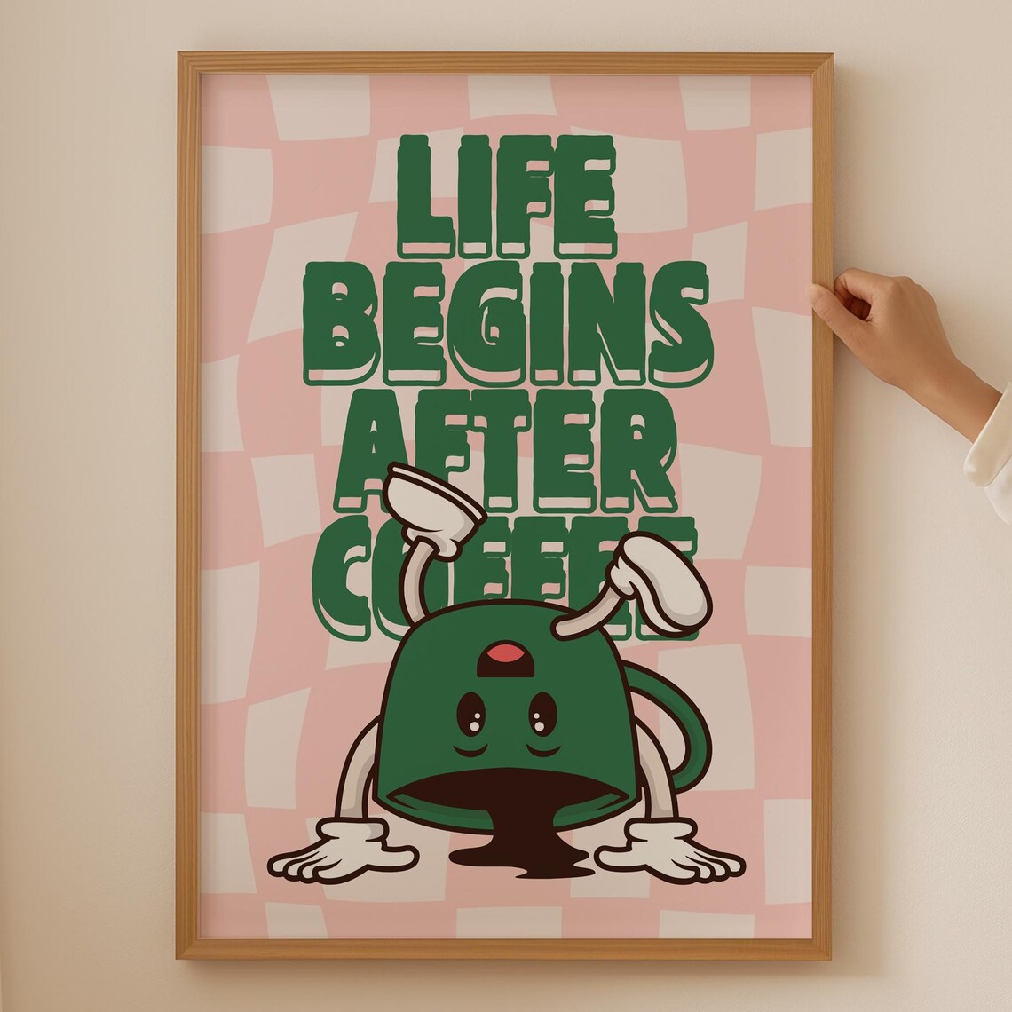 Life Begins After Coffee Retro Cartoon Cup Character Kitchen Poster