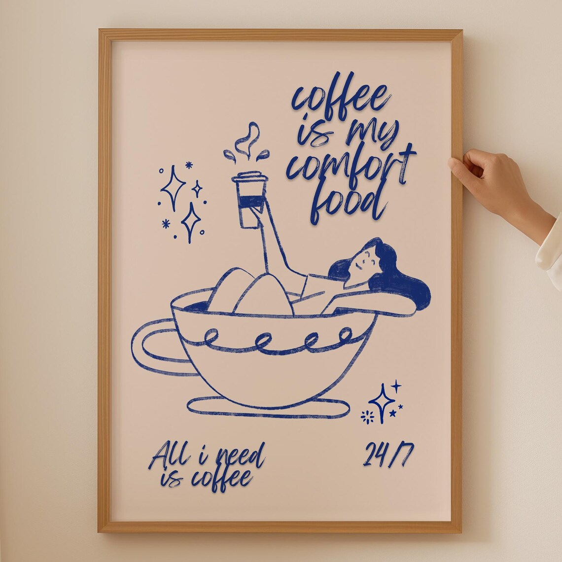 Coffee Is My Comfort Food Blue Line Art Illustration Kitchen Poster