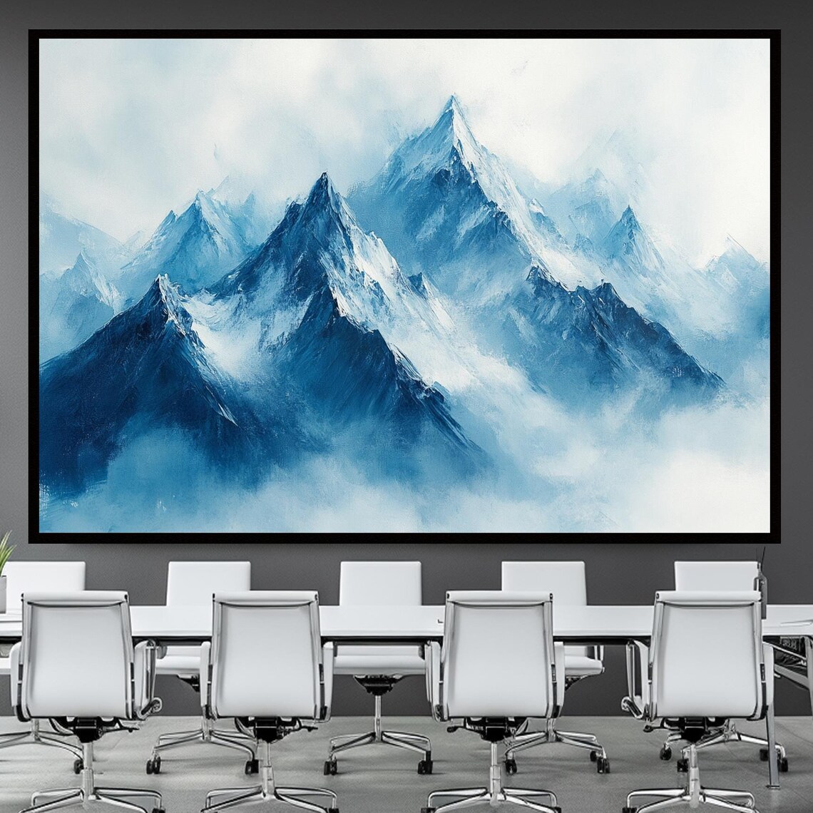 Blue Misty Mountain Peaks Watercolor Abstract Landscape Poster