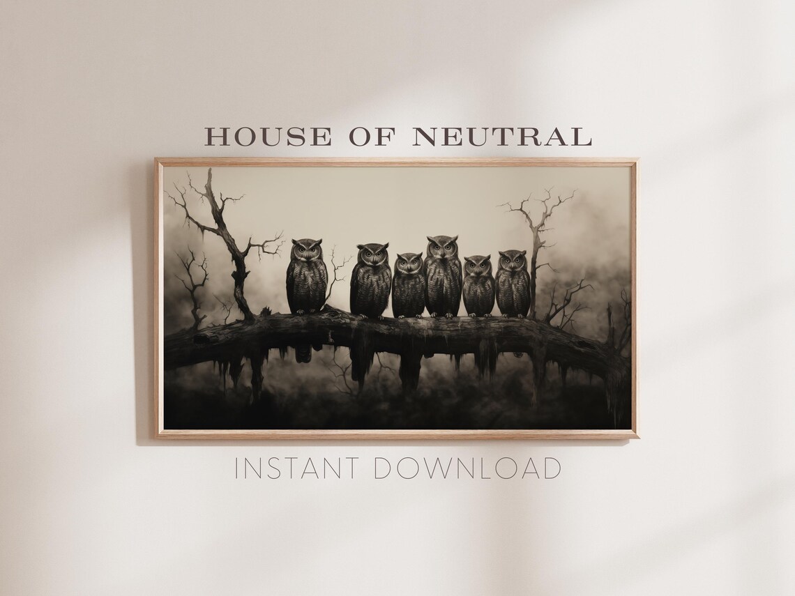 Six Owls on Branch Vintage Sepia Halloween Night Birds Art Wall Poster - Image 2