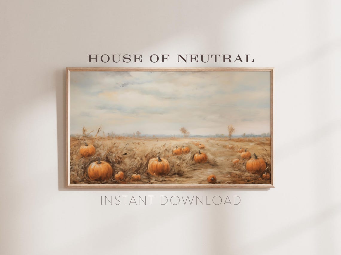 Pumpkin Field Golden Wheat Autumn Sunset Neutral Landscape Art Poster - Image 2