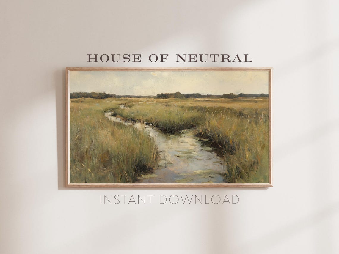 Frame Tv Art Green Marshland Textured Oil Painting Rustic Vintage Art Dark Moody Fine Art Sage Green Art 169 Ratio Tv58 - Image 2