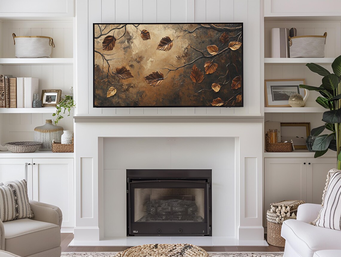 Golden Bronze Autumn Leaves Branch Textured Metallic Neutral Wall Art - Image 4