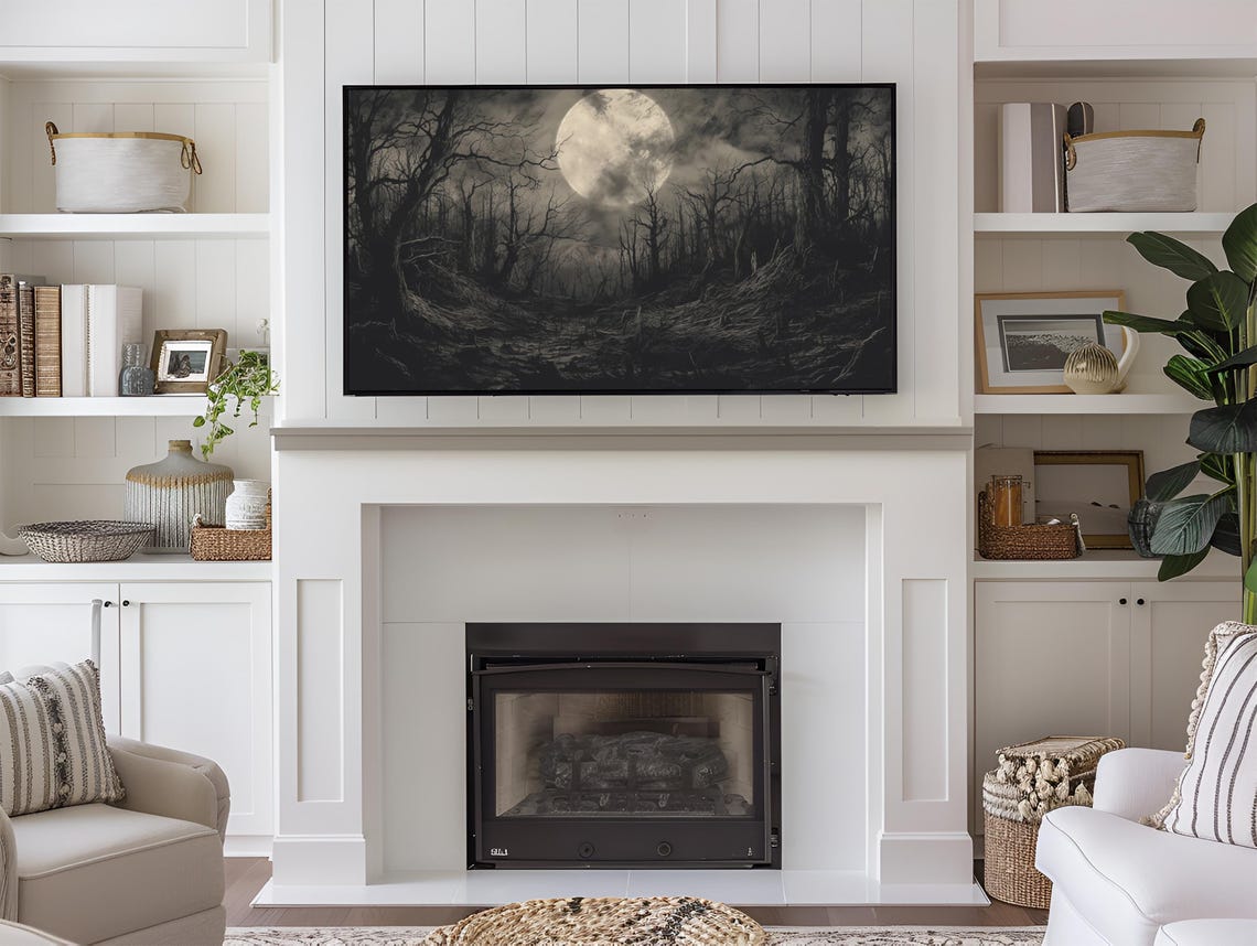 Spooky Bare Forest Full Moon Sepia Vintage Halloween Forest Art Poster - Image 3
