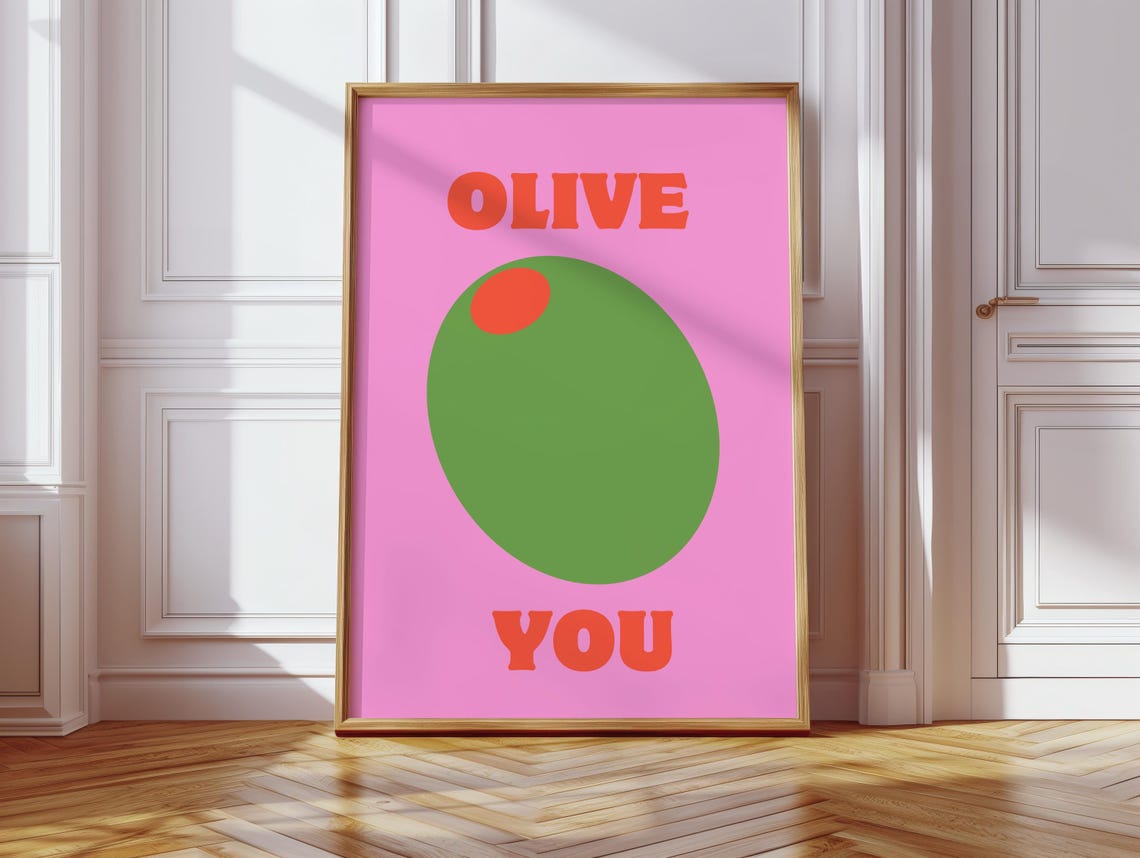 Olive You Green Martini Olive Pop Art Pink Kitchen Bar Poster