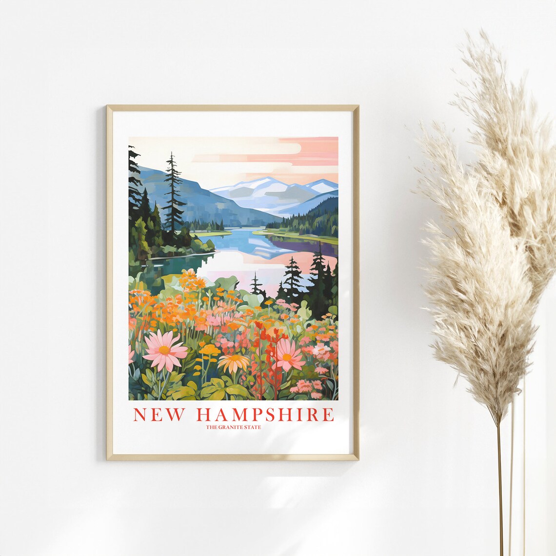 New Hampshire Travel Poster, Retro Mountain Print