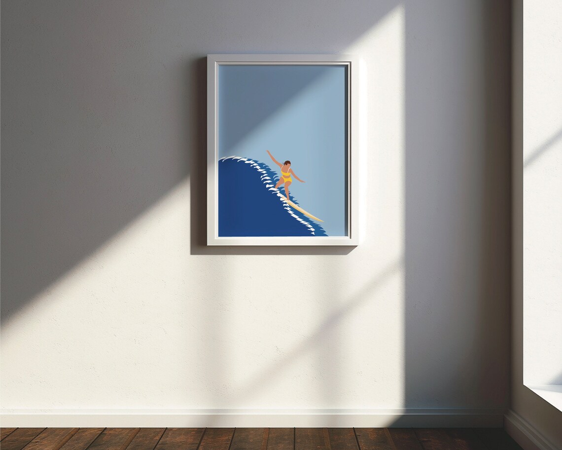 Woman Surfer Riding a Big Blue Wave Retro Coastal Beach Art Poster - Image 4
