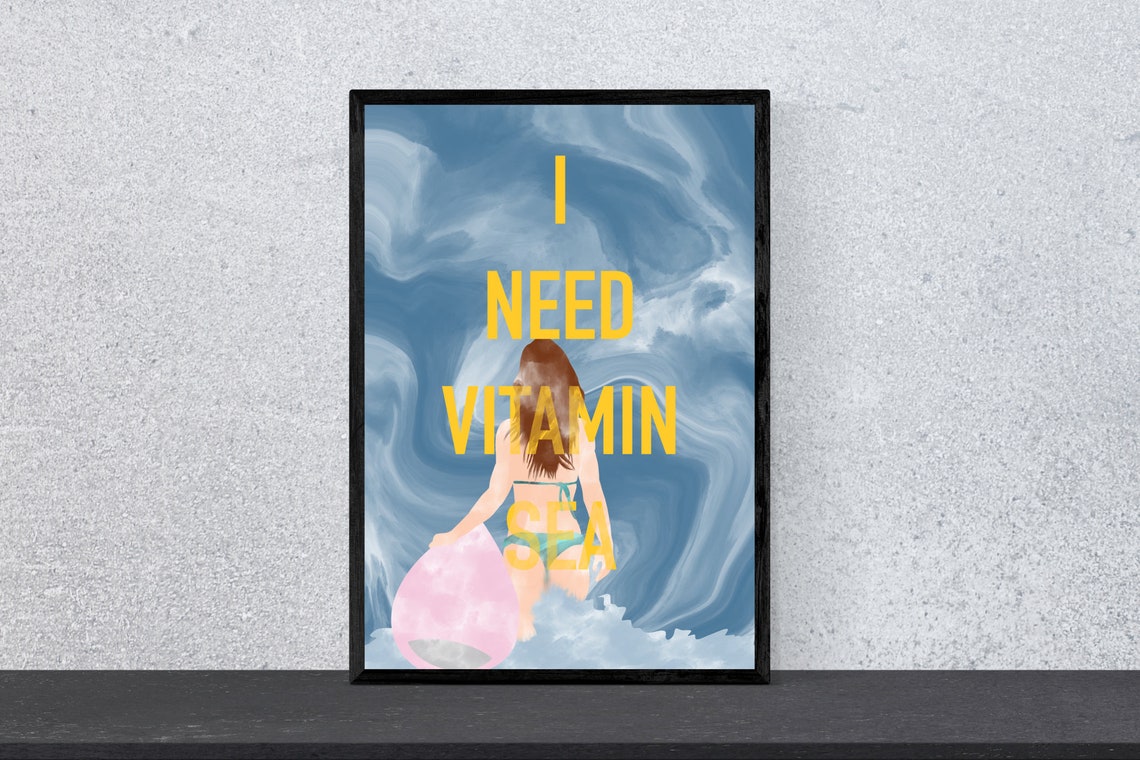 I Need Vitamin Sea Beach Girl Pink Float Summer Quote Art Poster