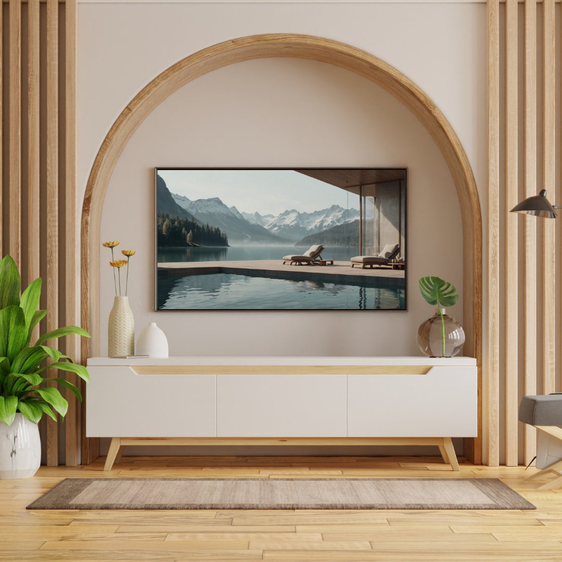 Alpine Lake Resort Deck Lounge Chairs Mountain View Scenic Art Poster