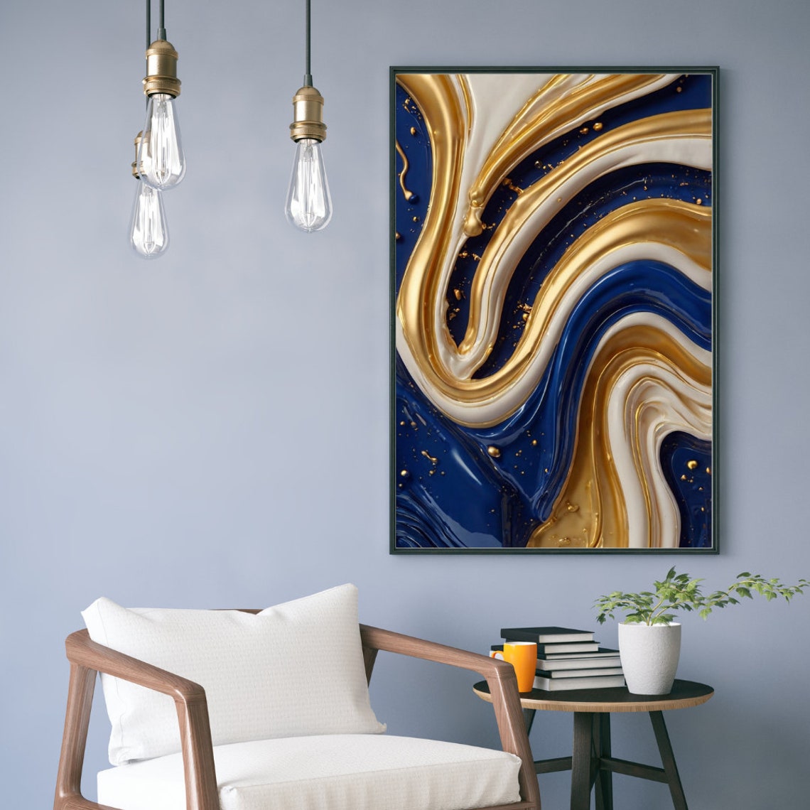 Gold Navy Cream Fluid Marble Swirl Luxury Elegant Abstract Wall Art - Image 2