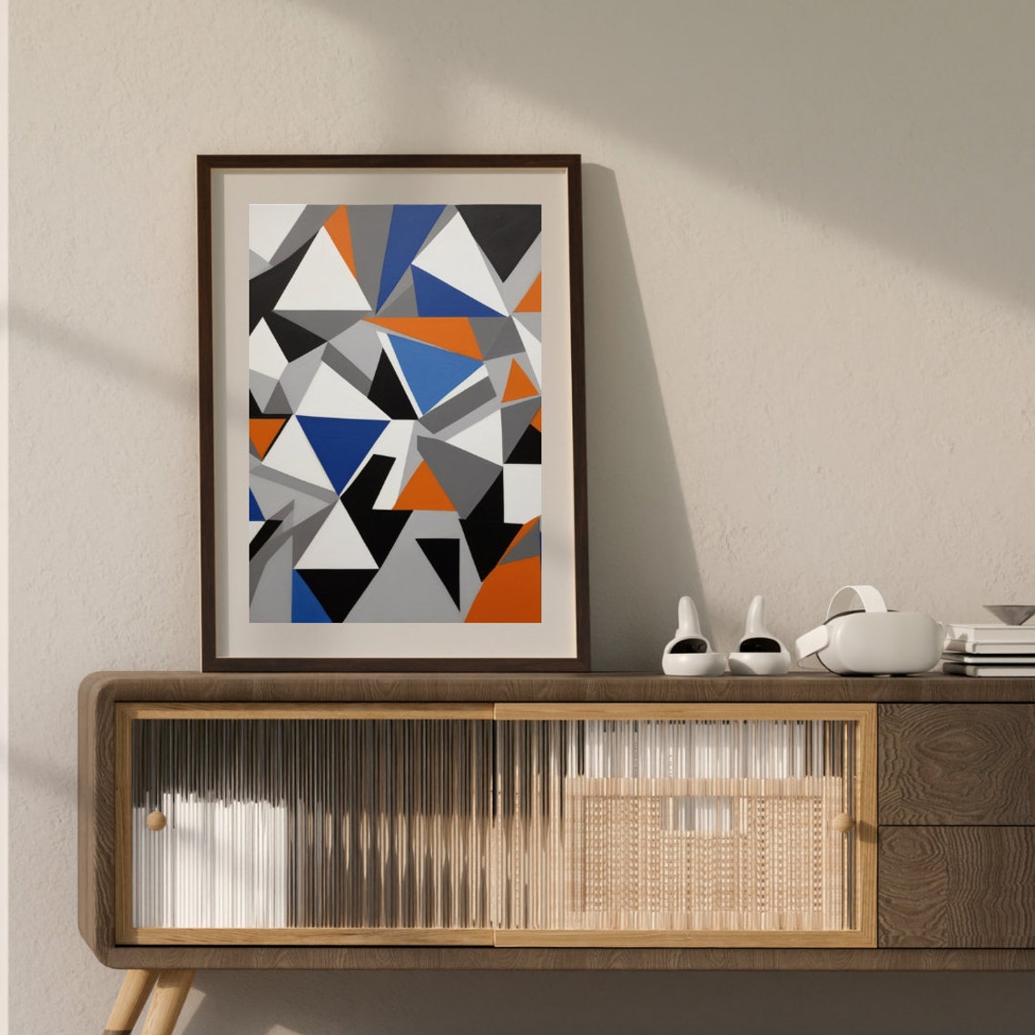Monochrome Triangle Geometric Abstract Blue Orange Pop Wall Art - Image 2