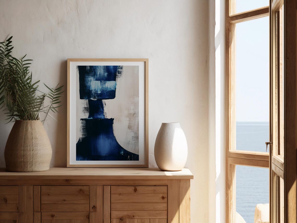 Navy Blue Abstract Brushstroke Minimalist Modern Art Wall Poster