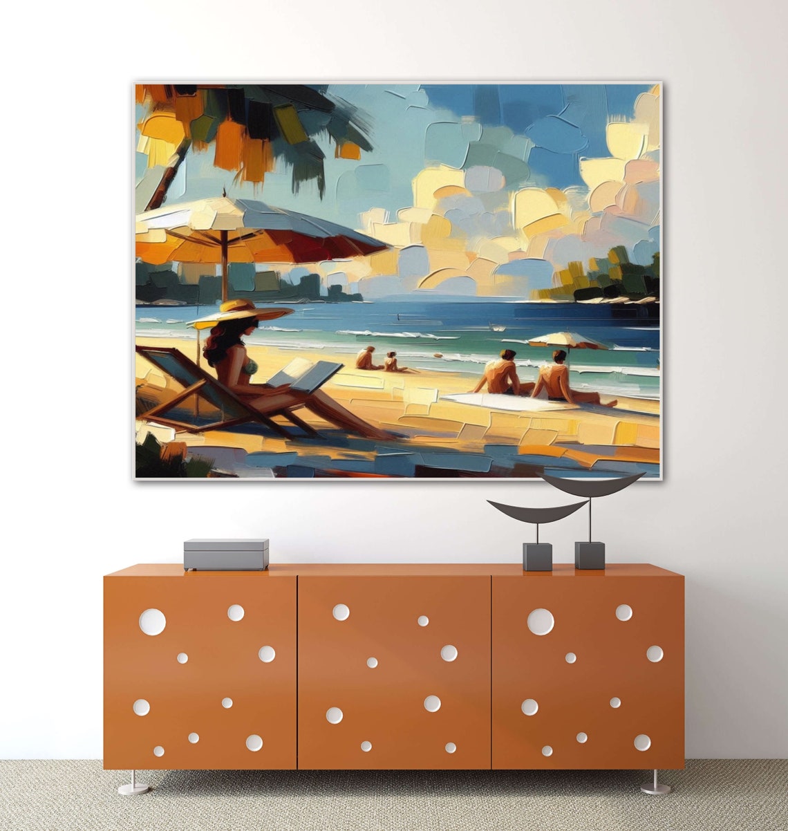 Bay Beach Reader With Sunhat Under Umbrella Impasto Art Poster - Image 3