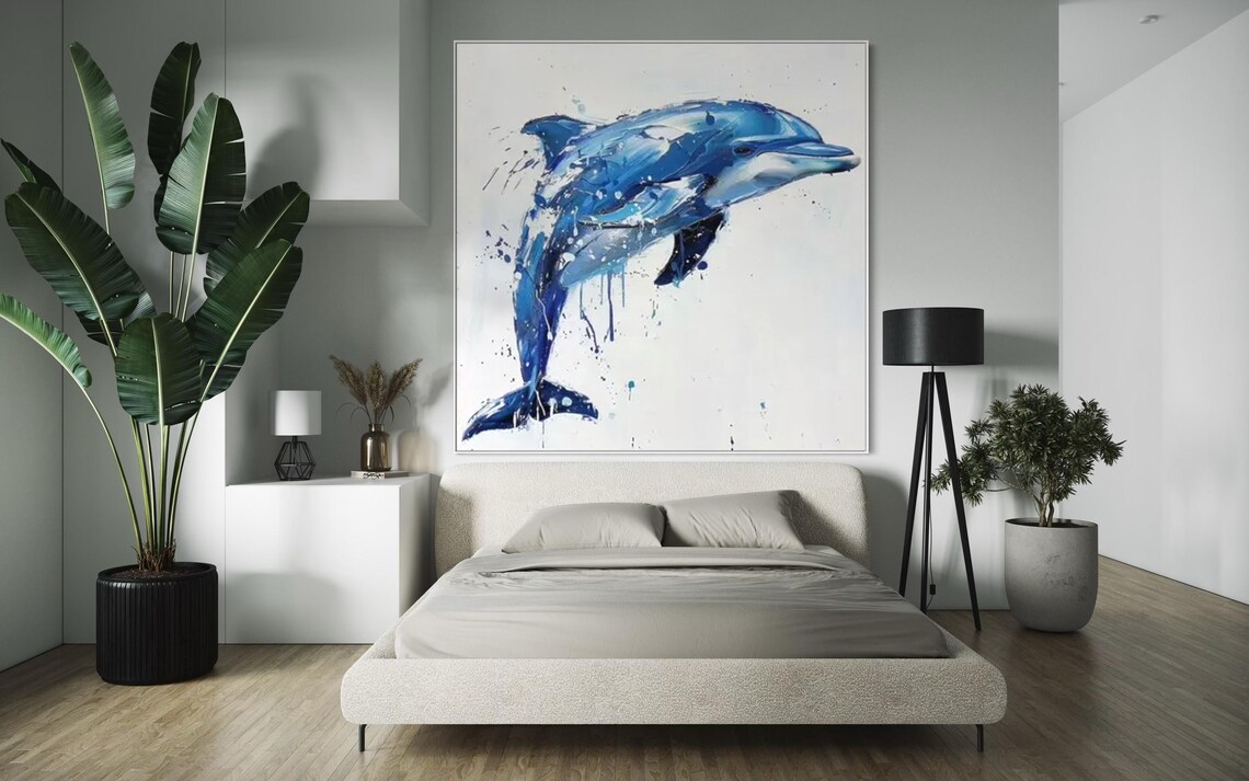 Leaping Blue Dolphin Watercolor Splash Square Marine Animal Poster - Image 2