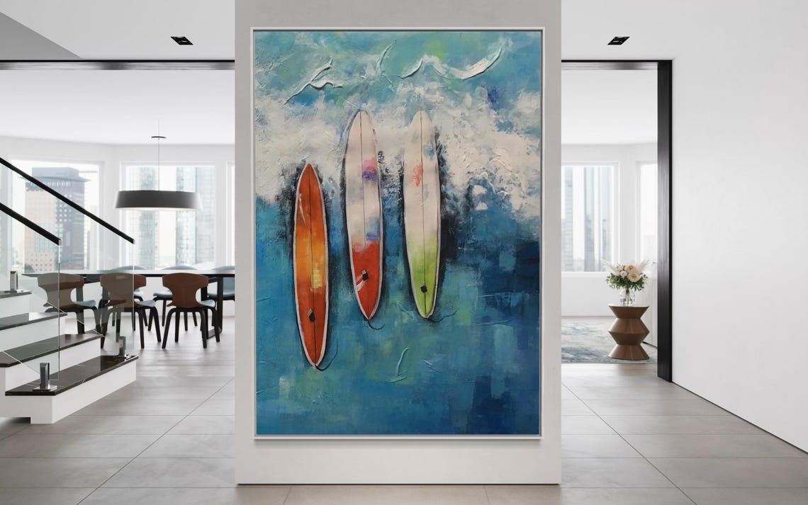 Three Surfboards on Blue Textured Ocean Waves Colorful Surf Poster - Image 2