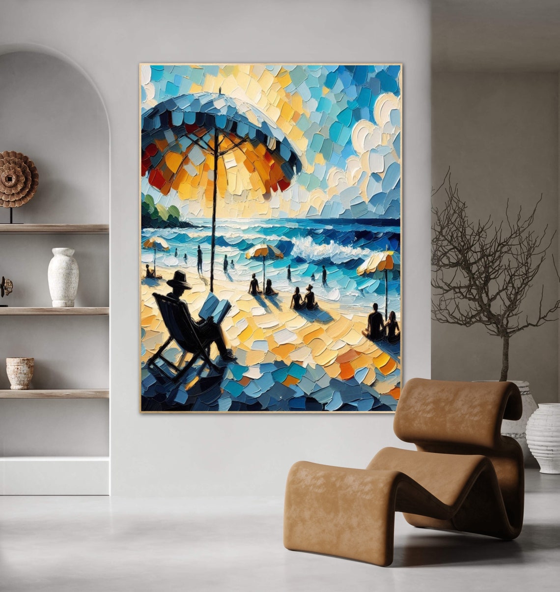 Beach Umbrella and Reader Impasto Colorful Coastal Art Poster - Image 3