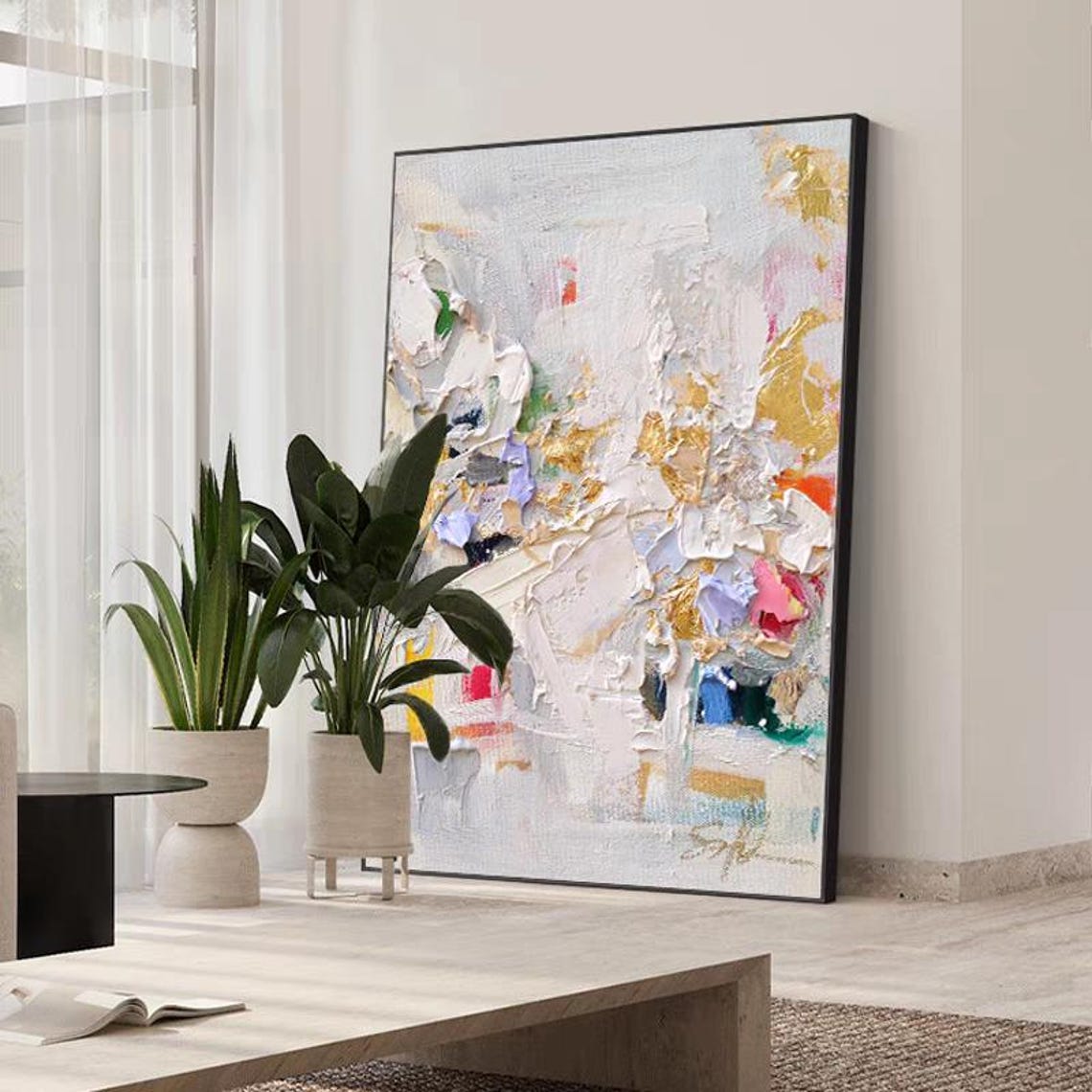 White Gold and Pink Palette Knife Strokes Abstract Art Poster - Image 4