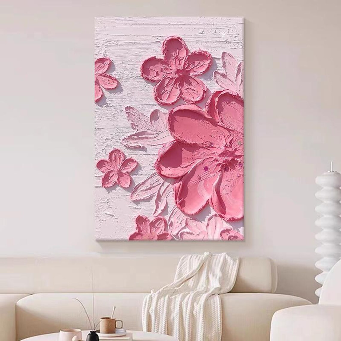 Pink 3D Textured Flowers on Blush Background Floral Art Poster - Image 3