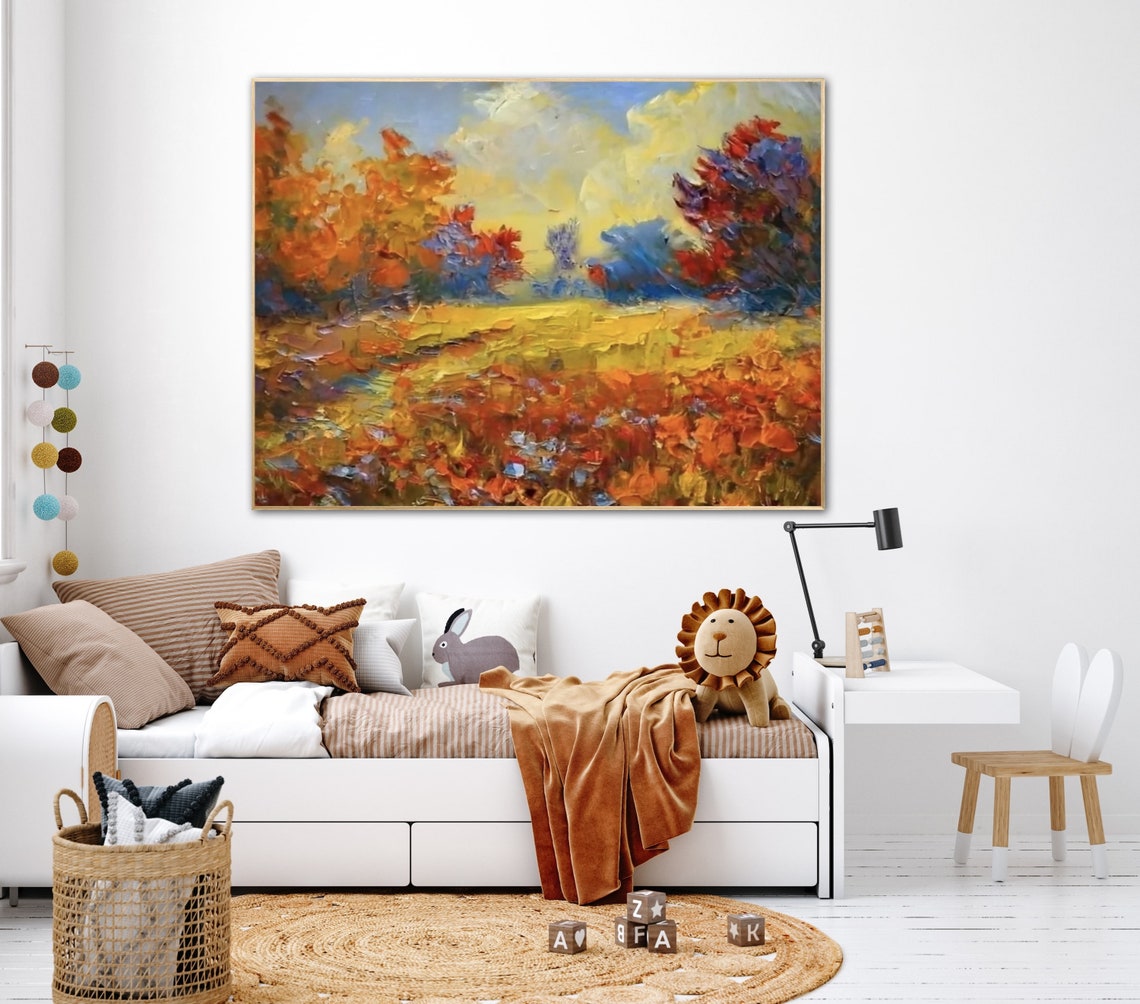 Autumn Countryside Field With Orange Trees Impasto Art Poster - Image 4