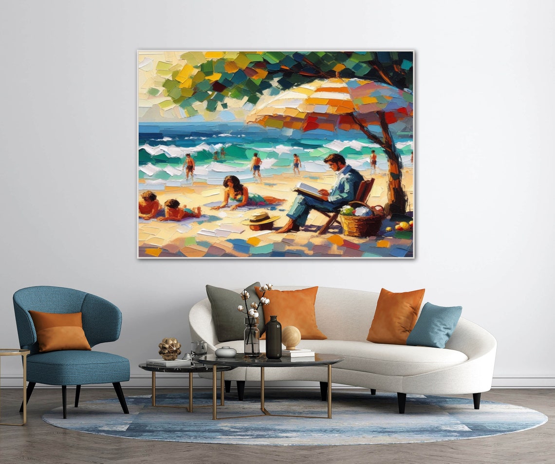 Beach Reading Day Under Striped Umbrella Wide Coastal Art Poster - Image 3