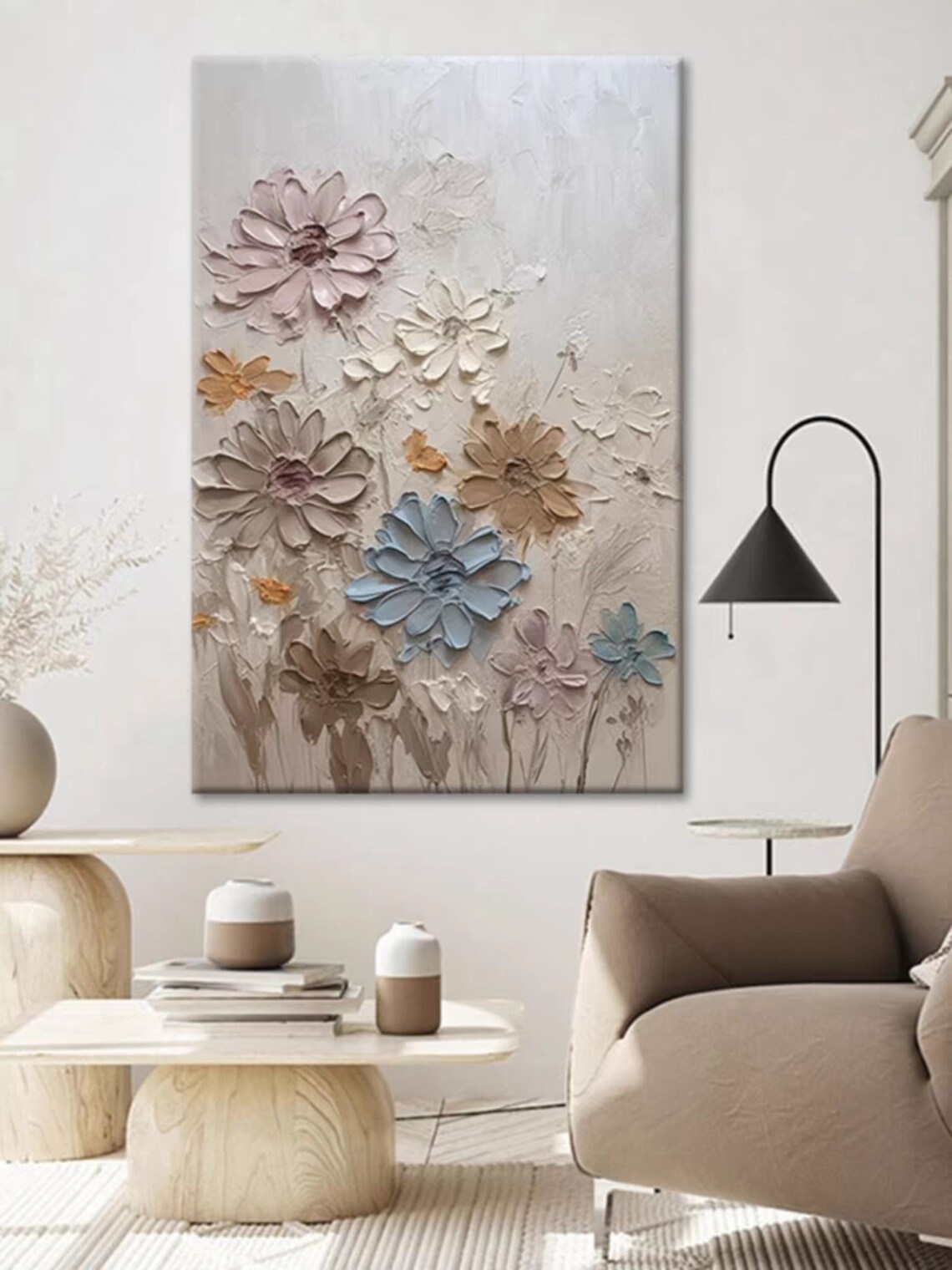 Neutral Sculpted Flowers Beige Blue Muted 3D Relief Floral Poster - Image 3