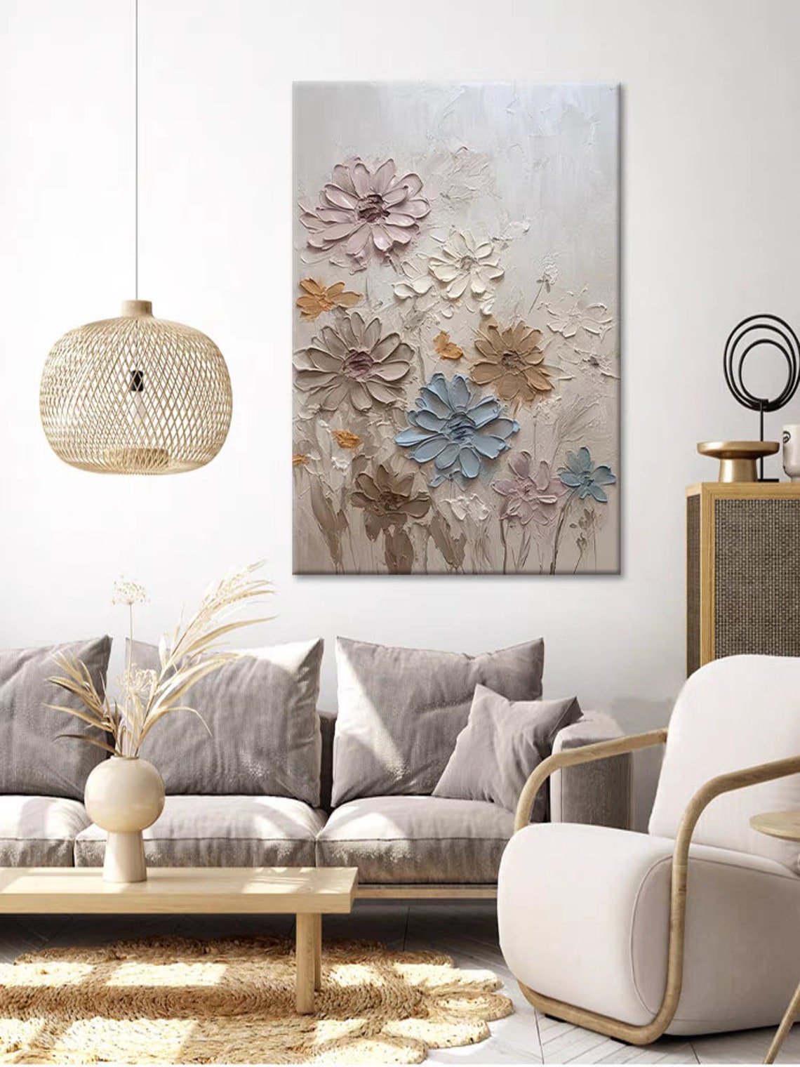 Neutral Sculpted Flowers Beige Blue Muted 3D Relief Floral Poster - Image 4