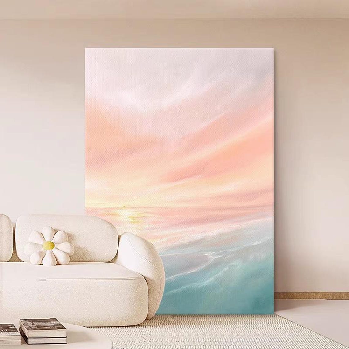 Soft Pastel Pink Sunset Sky over Calm Teal Ocean Waves Art Poster - Image 3