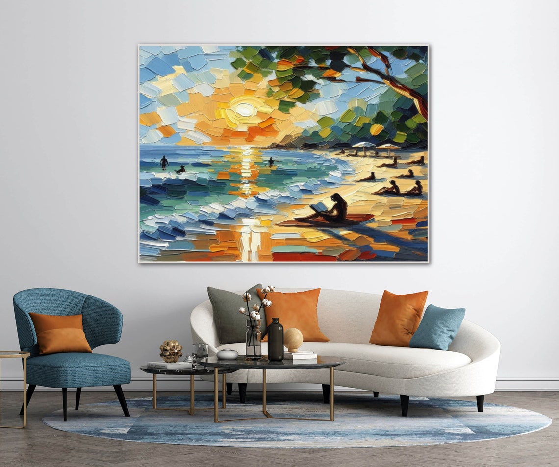 Sunset Beach Reader Silhouette Square Impasto Coastal Art Poster - Image 3