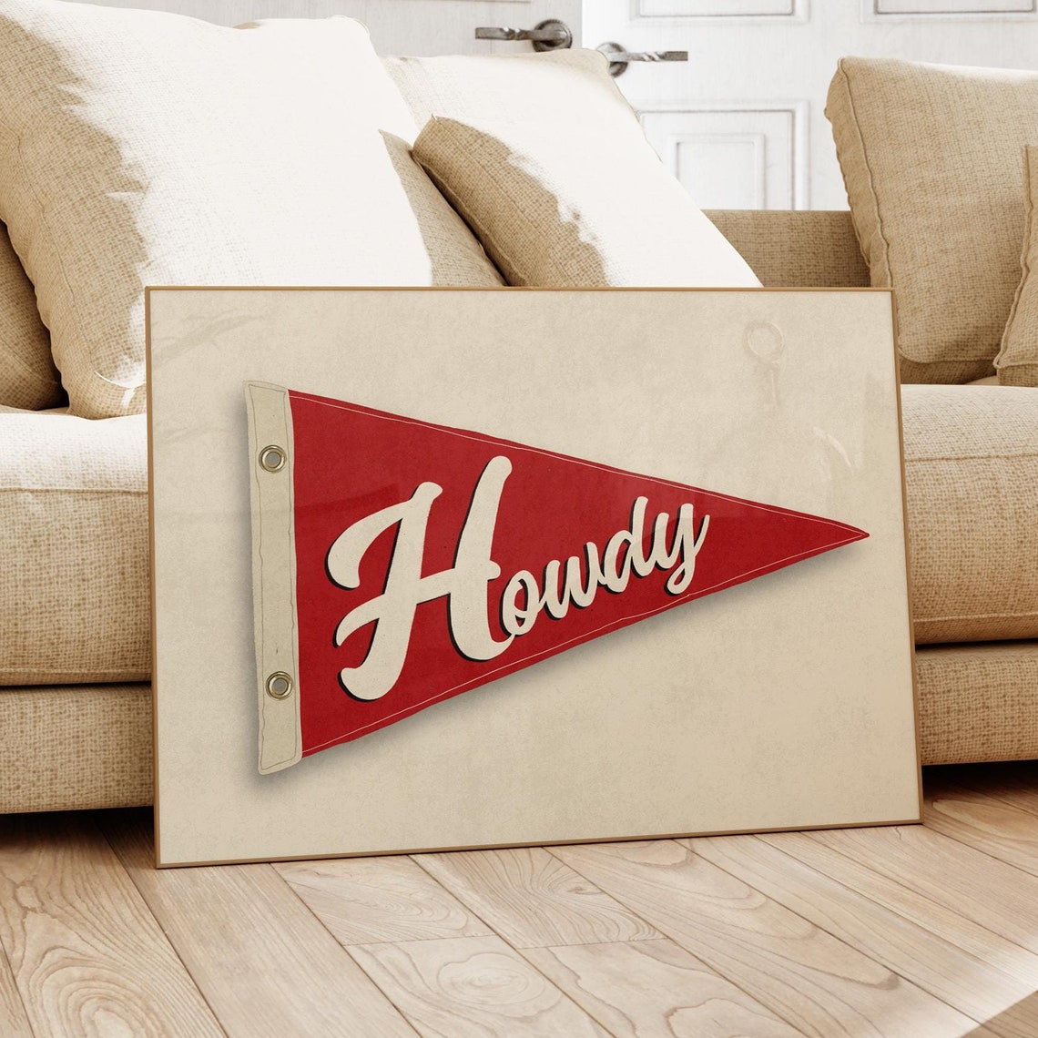 Vintage Red Howdy Pennant Flag Western College Dorm Wall Art