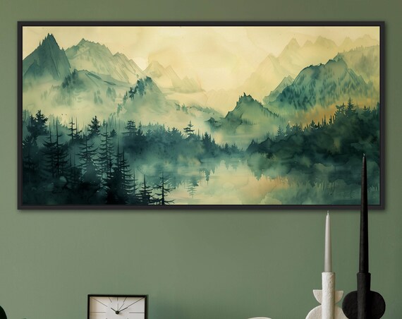 Enchanted Morning Misty Mountains Pine Tree Art Print Sage Green Wall Art For Lake House Minimalist Landscape With Water Reflection