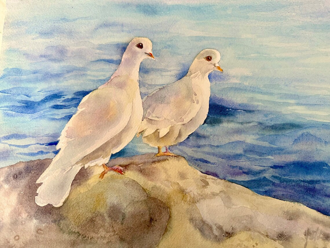 Two White Doves by the Blue Sea Watercolor Peaceful Bird Poster - Image 5