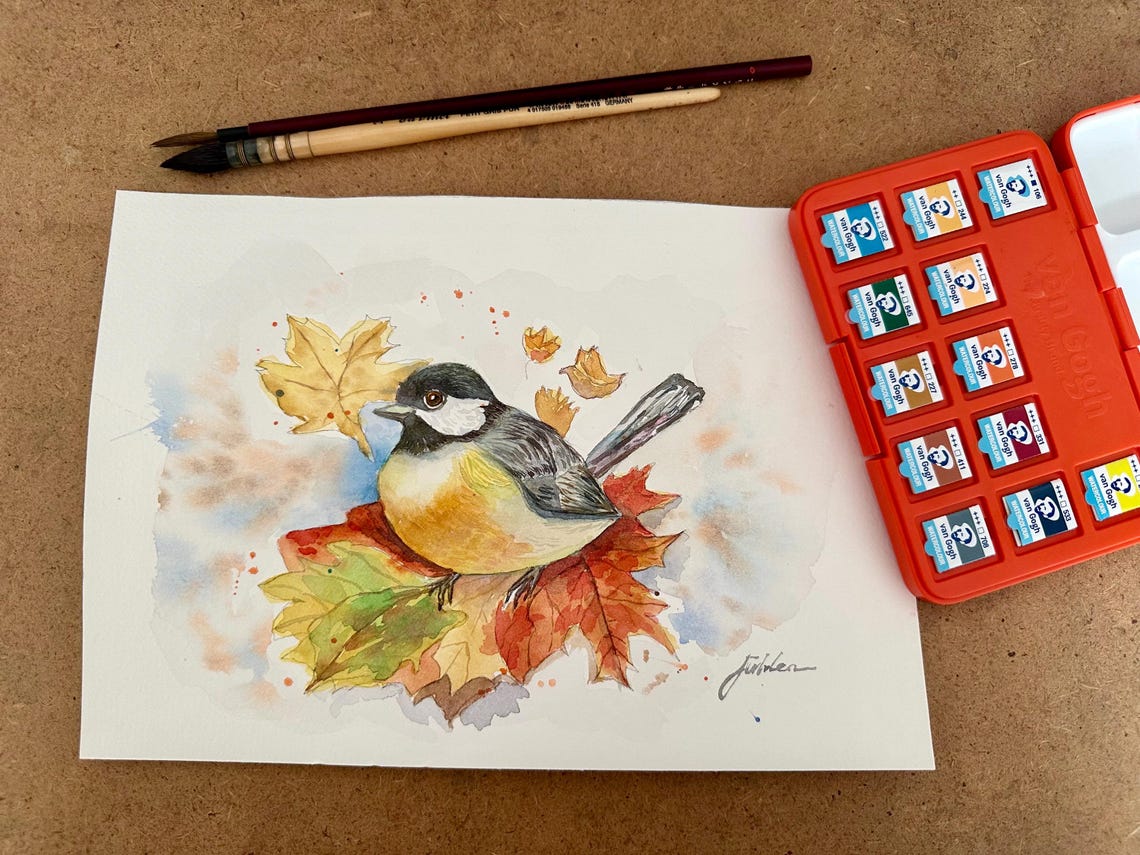 Chickadee Among Colorful Autumn Maple Leaves Watercolor Poster - Image 3