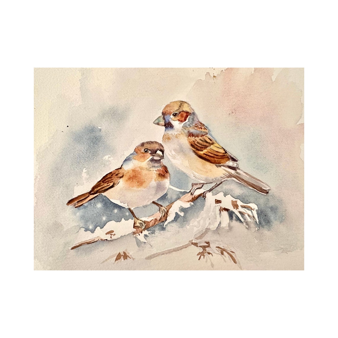 Two Sparrows Resting on Snowy Branch Winter Watercolor Painting Poster - Image 2