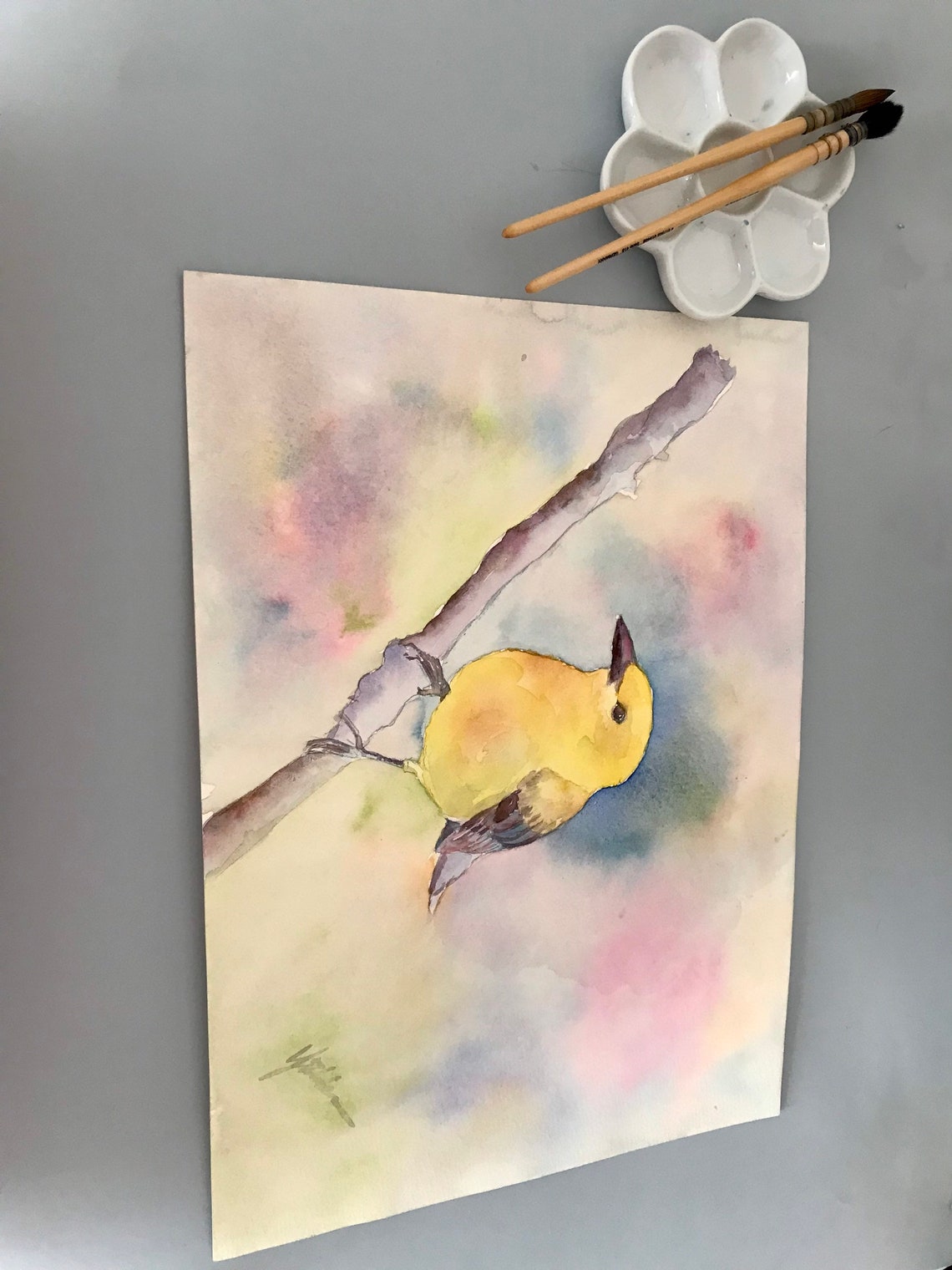 Bright Yellow Songbird on Branch Watercolor Spring Bird Poster - Image 2