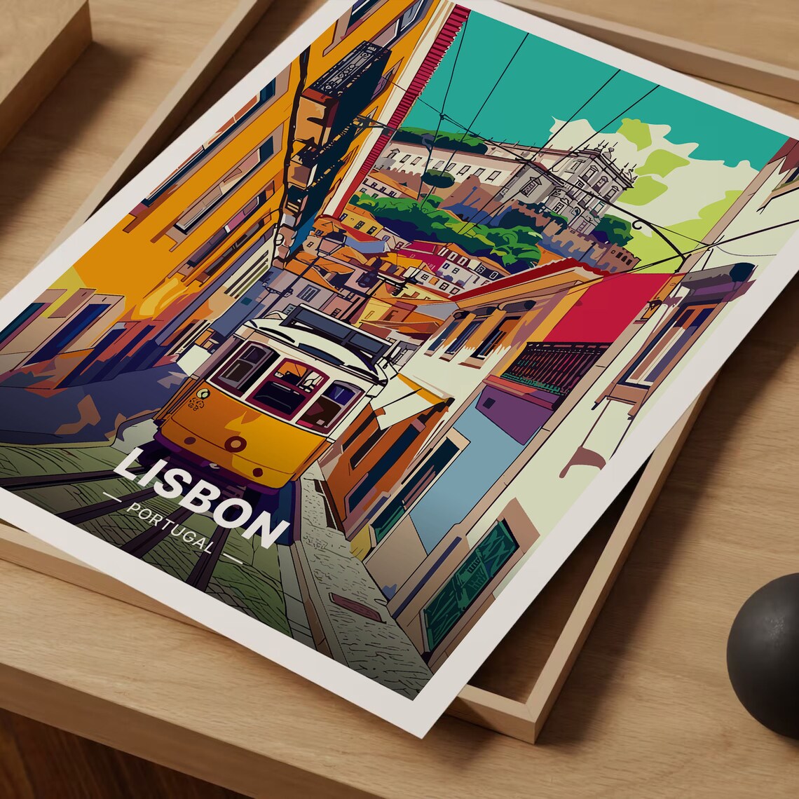 Lisbon Portugal Yellow Tram Steep Street Castle Hill Scene Poster - Image 3