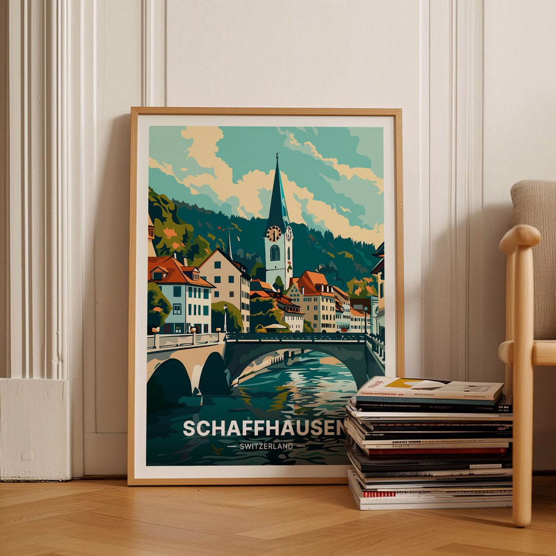Schaffhausen Switzerland Riverside Old Town Bridge Tower Travel Poster