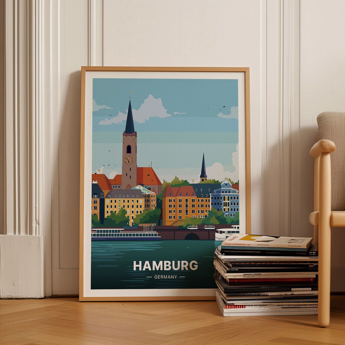 Hamburg Germany Harbor Skyline Clock Tower River Boats Travel Poster
