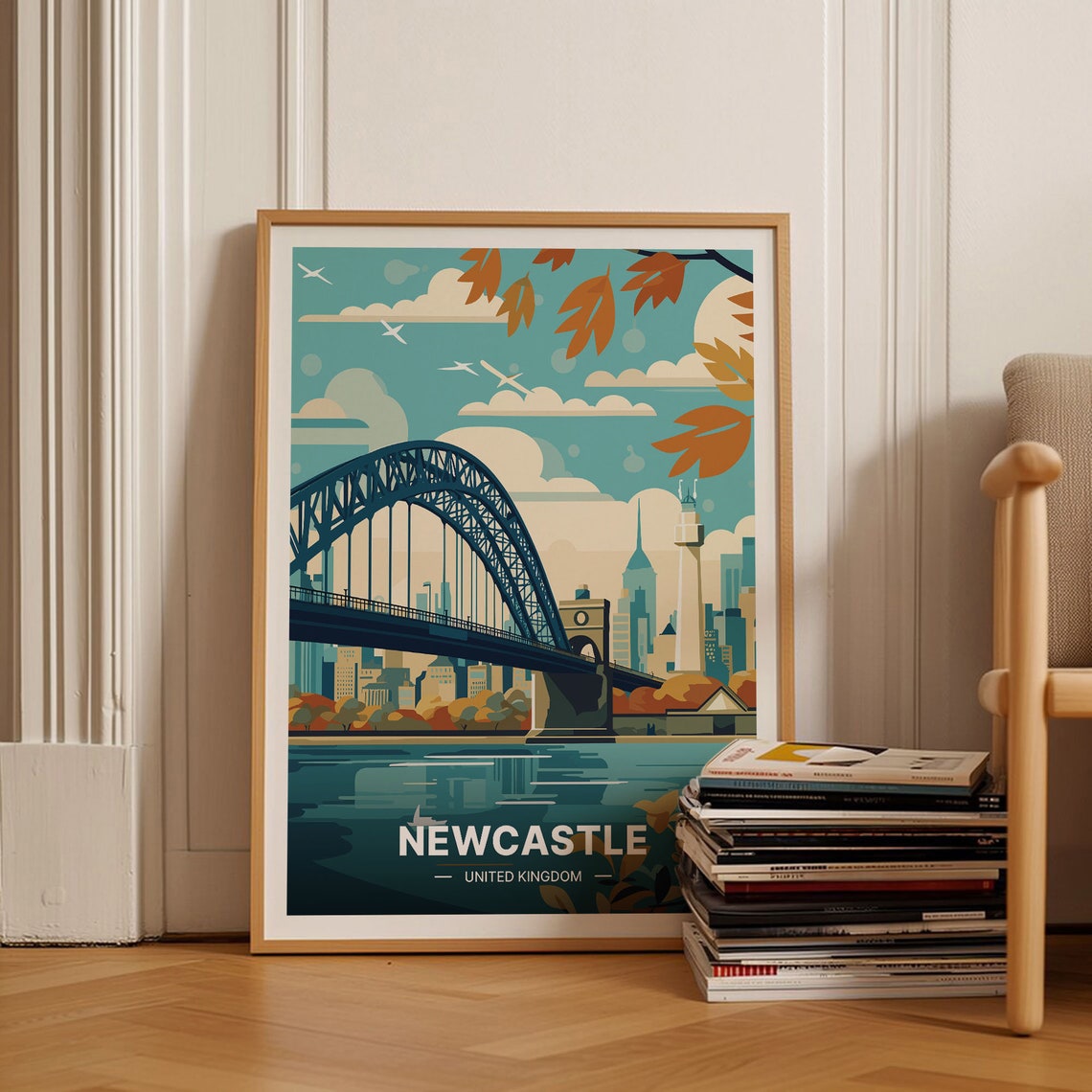 Newcastle United Kingdom Travel Poster Tyne Bridge Autumn Skyline Art