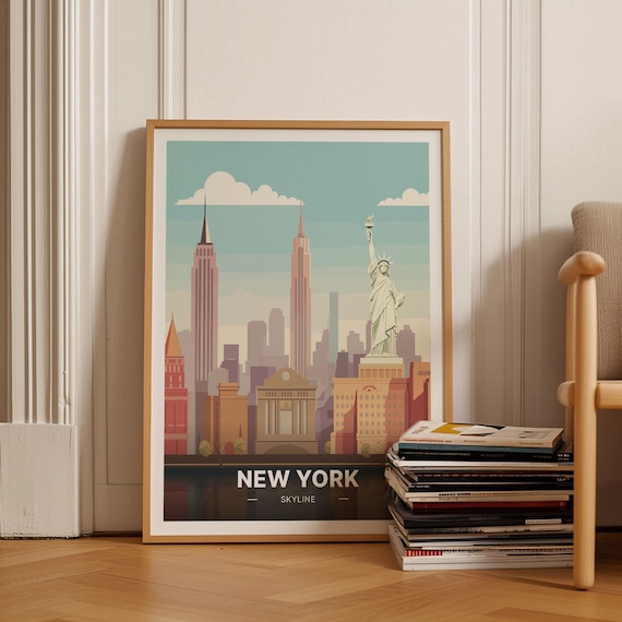 New York City Skyline Statue of Liberty Retro Vintage Travel Poster