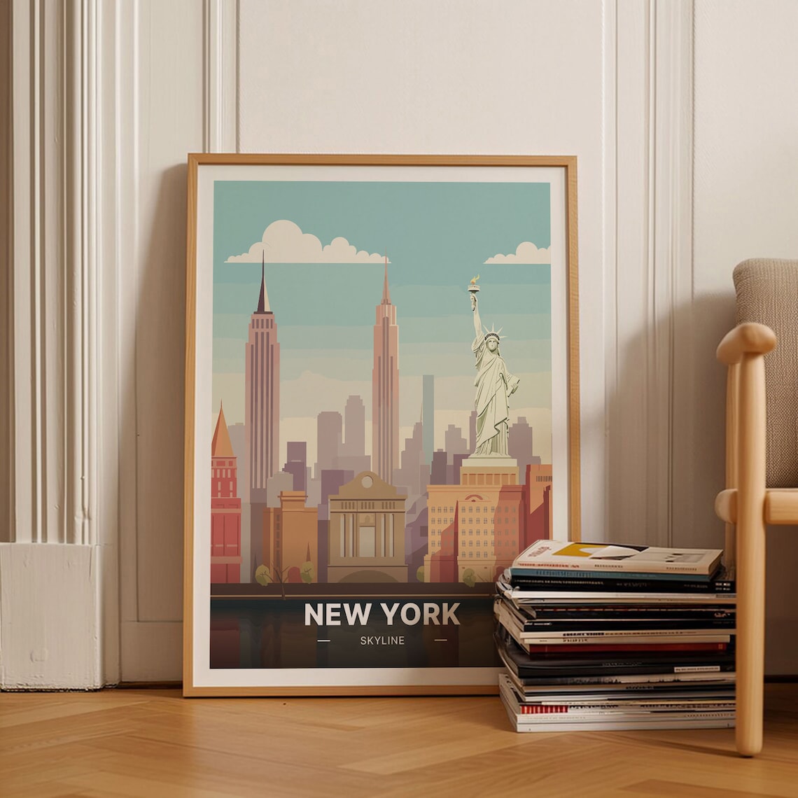 New York City Skyline Statue of Liberty Retro Vintage Travel Poster