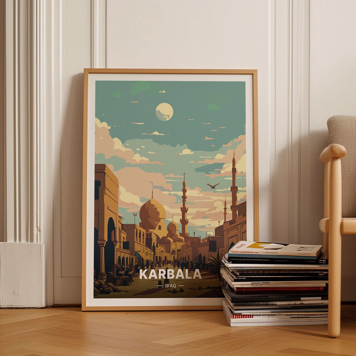 Karbala Iraq Mosque Domes Minarets Bustling Street Travel Poster