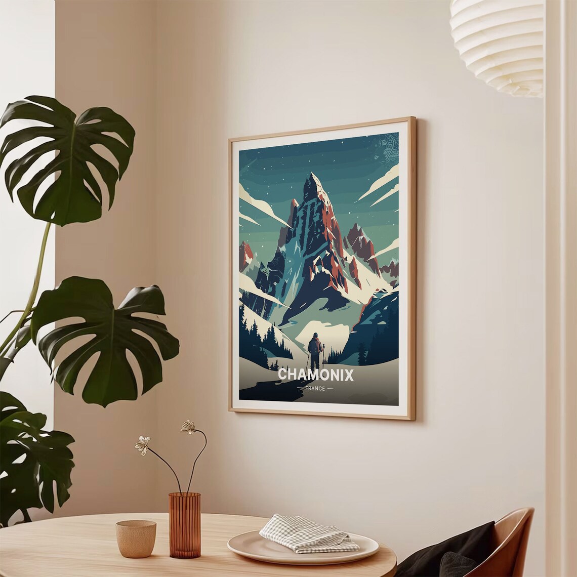Chamonix France Travel Poster Alpine Peak Skier Night Snow Art - Image 2