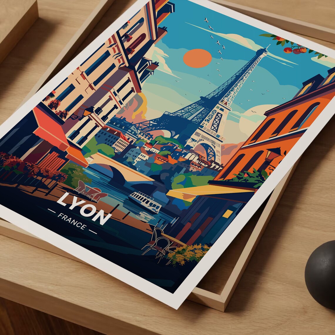 Lyon France Riverside Cafes Eiffel Tower Street Vintage Travel Poster - Image 3