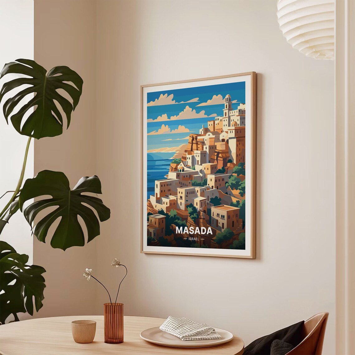 Masada Israel Travel Poster Cliffside Village Mediterranean Sea Art - Image 2