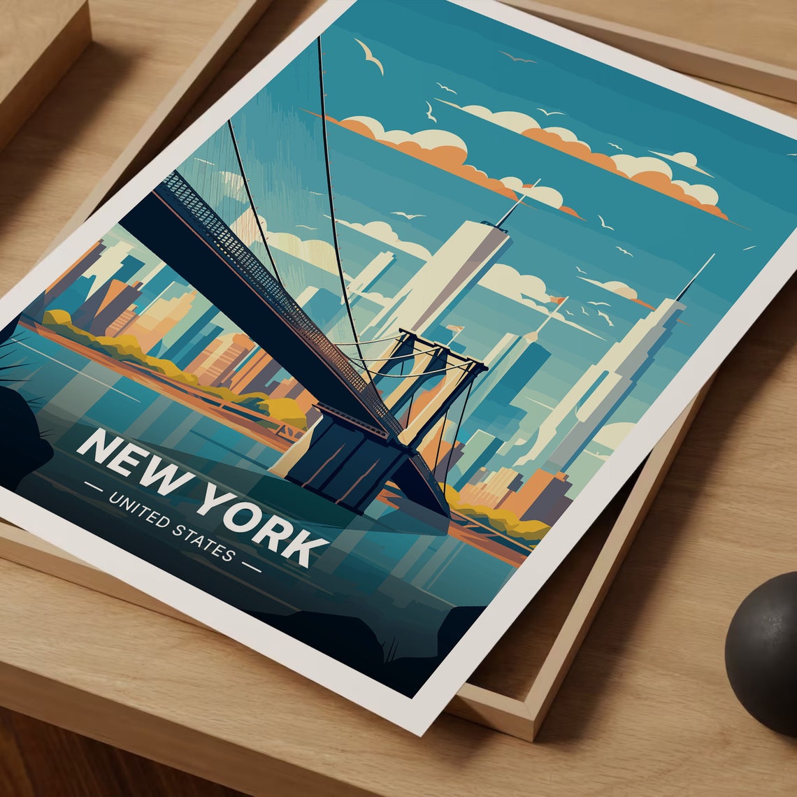New York City Brooklyn Bridge Manhattan Skyline Vintage Art Poster - Image 3