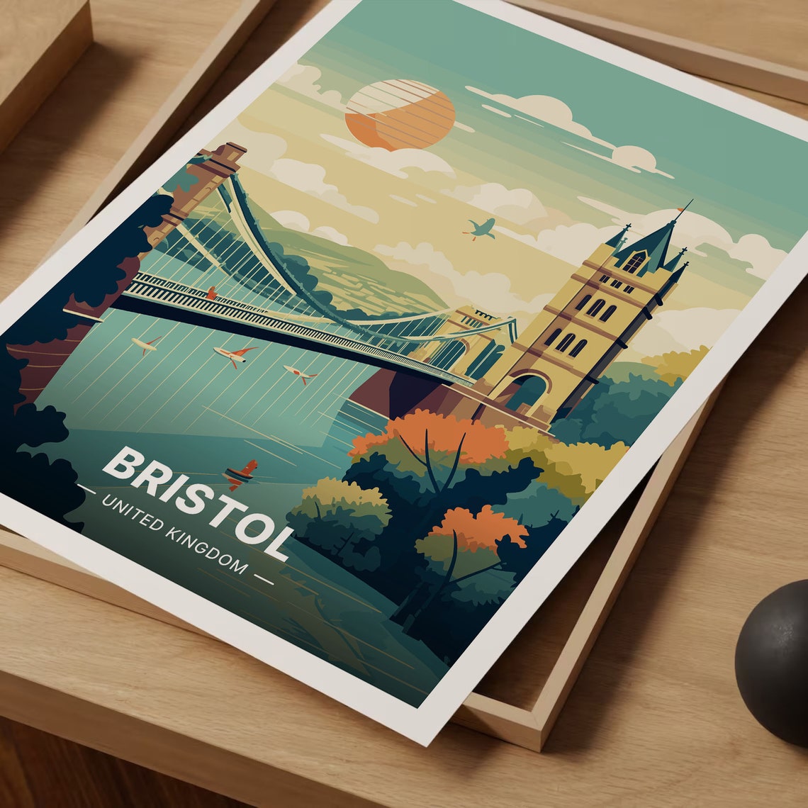 Bristol UK Suspension Bridge Sunset Rowers Harbor Travel Poster - Image 3
