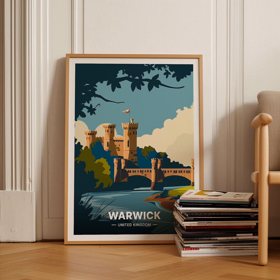 Warwick Castle United Kingdom Riverside Medieval Travel Poster