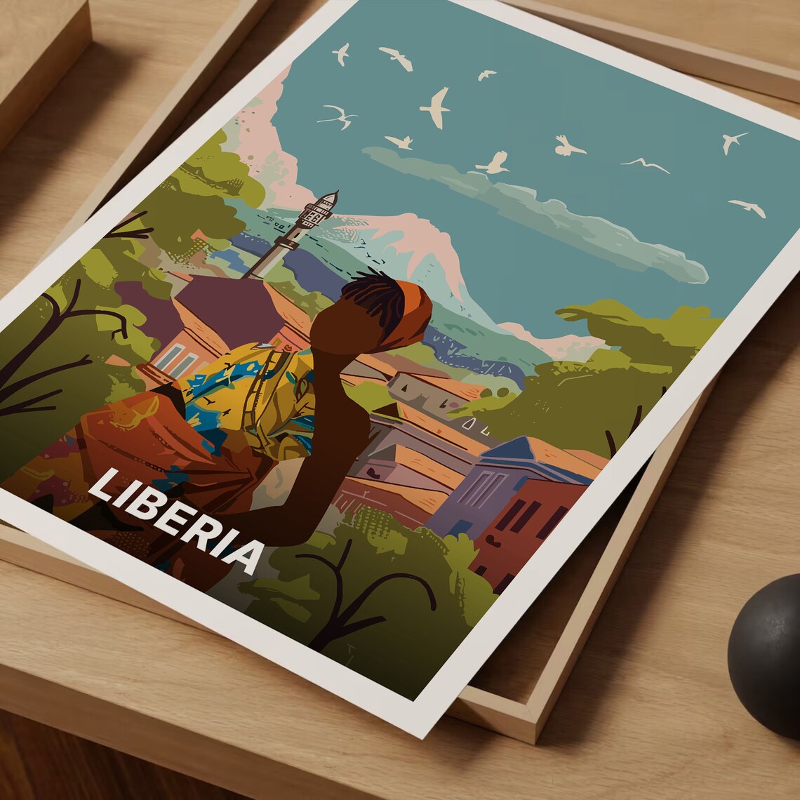 Liberia West Africa Woman Headwrap Village Minaret Travel Poster - Image 3
