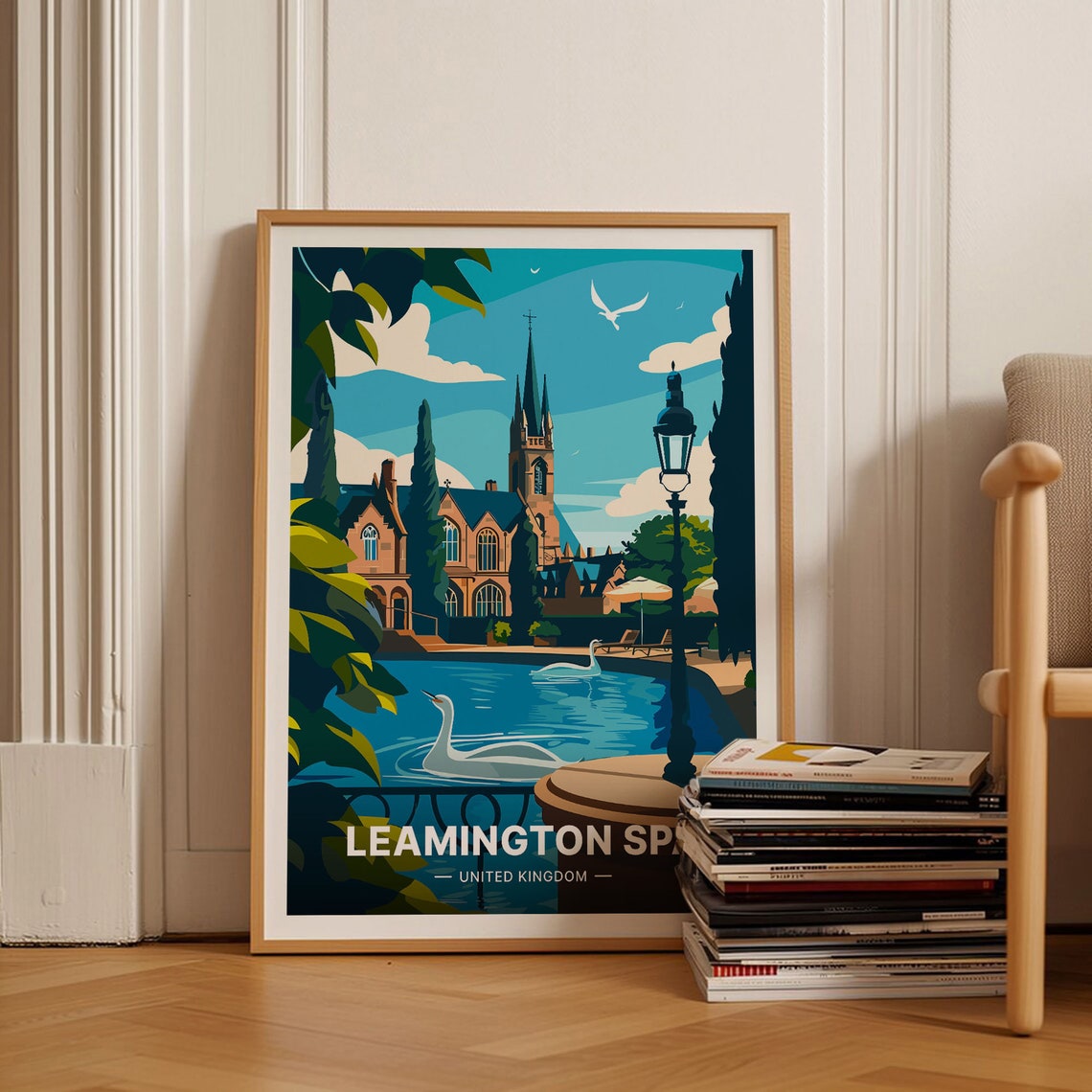 Leamington Spa United Kingdom Swan River Church Spire Vintage Poster
